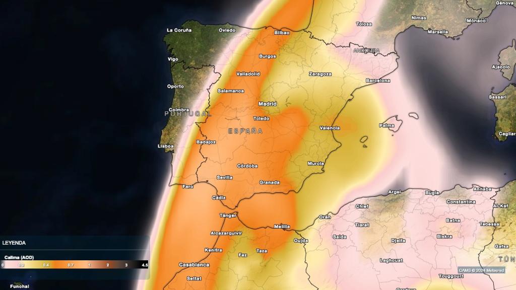 Imagen de la lengua de polvo sahariano a su llegada a la Península Ibérica.