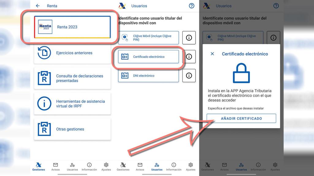 Ruta de acceso para cargar el certificado digital en la app AEAT