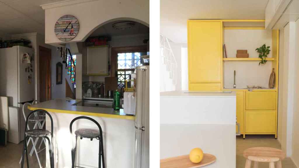 Antes (i) y después (d) de la cocina de la casa de la playa reformada por 'casalinga_espacios con alma' a la que María Brotons hace referencia.