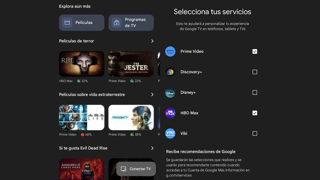 Recomendaciones y servicios en Google TV