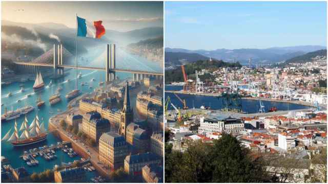 Recreación por IA de un Vigo francés y una imagen actual de la ciudad.