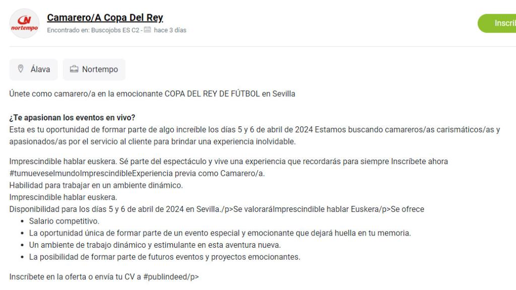 Oferta de empleo para la final de la Copa del Rey.