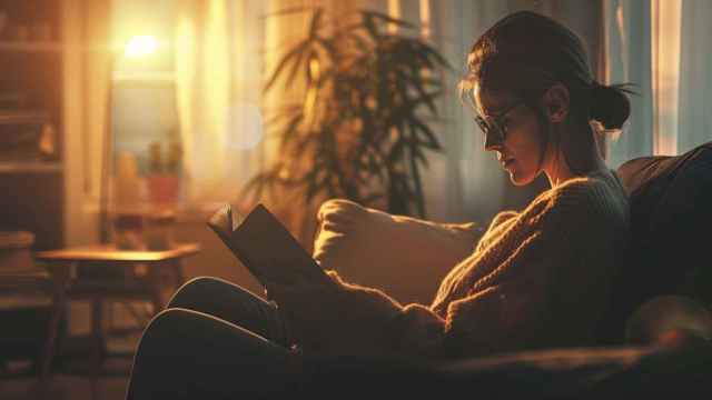 Una mujer se relaja leyendo un libro en su casa.