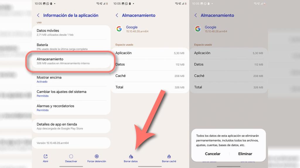 Ruta para borrar los datos de la app de Google