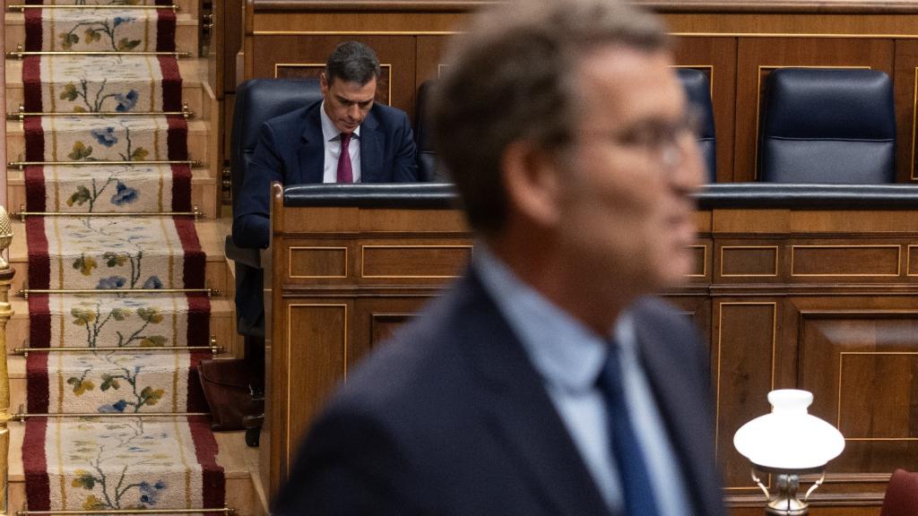 El líder del PP, Feijóo, y detrás el presidente Sánchez, en el Congreso de los Diputados.