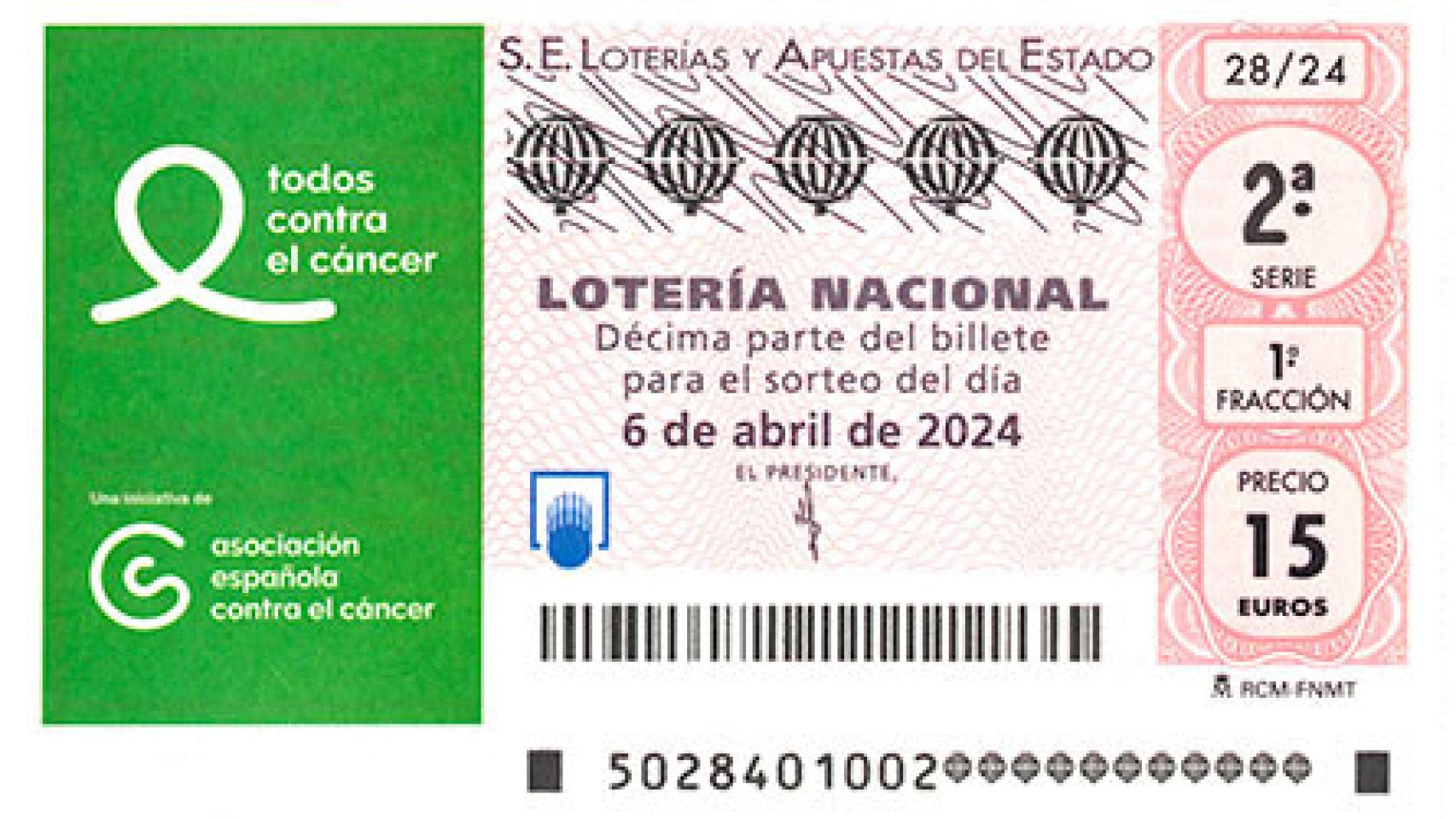 Décimo del Sorteo Extraordinario de AECC de Lotería Nacional.