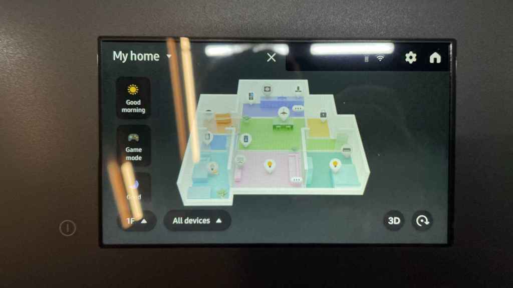 La pantalla AI Home de la cocina de inducción de Samsung con un mapa 3D de una casa.