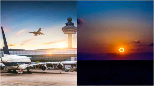 A la izquierda, imagen de archivo de un aeropuerto y, a la derecha, un eclipse solar.