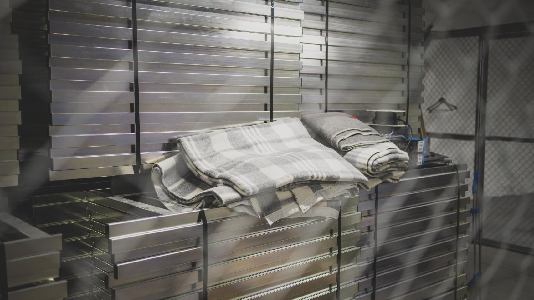 Bunk beds stored for use in case of emergency at the shelter in the Merihaka neighborhood.