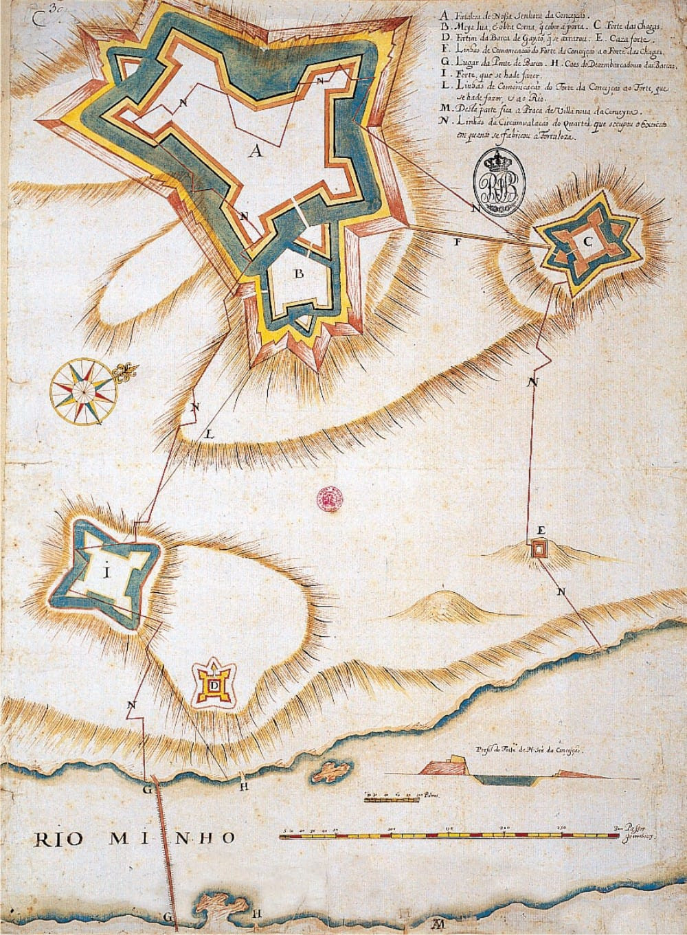 Fortalezas de la antigua provincia de Tuy en un plano atribuido a Miguel de Lescol, del año 1664 aproximadamente. Foto: Biblioteca Nacional de Lisboa