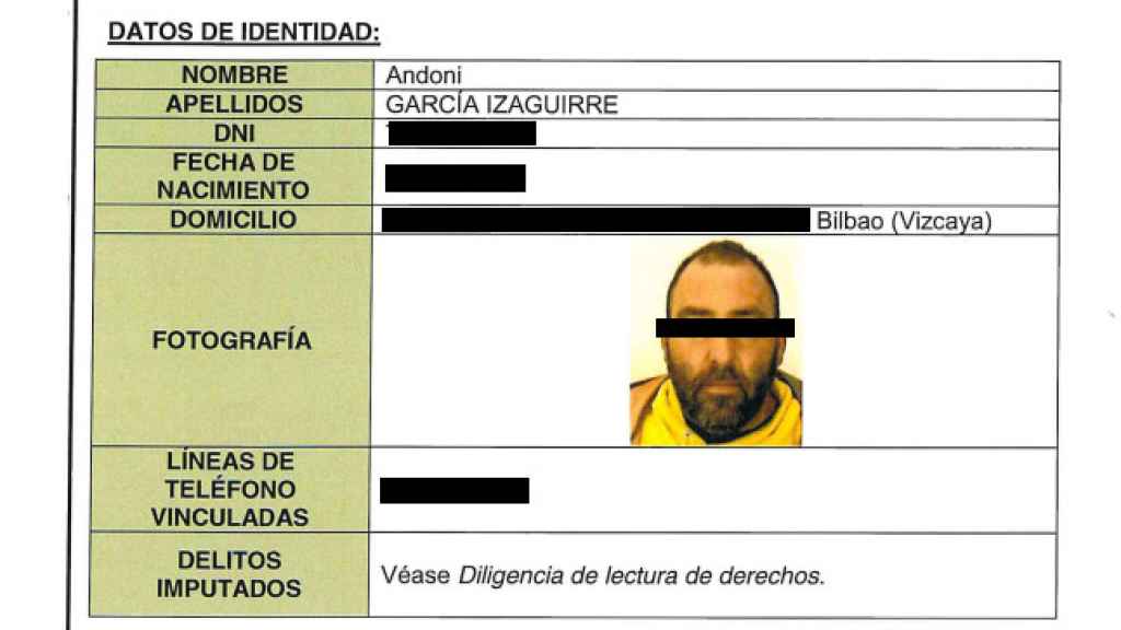Ficha de Andoni en el atestado de su detención, incluido en el sumario del 'caso Koldo'.