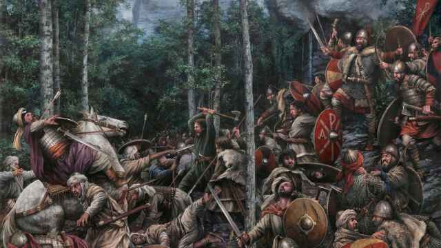 Recreación de la batalla de Covadonga por Augusto Ferrer-Dalmau.