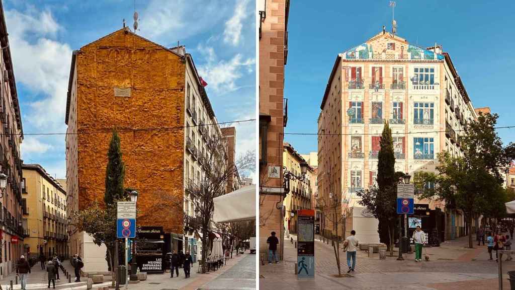 La fachada donde está el mural inspirado en la serie 'Reina Roja' antes y después.
