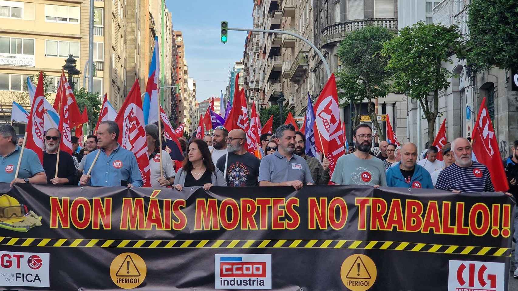 Manifestación en Vigo contra la siniestralidad laboral, a 11 de abril de 2024.