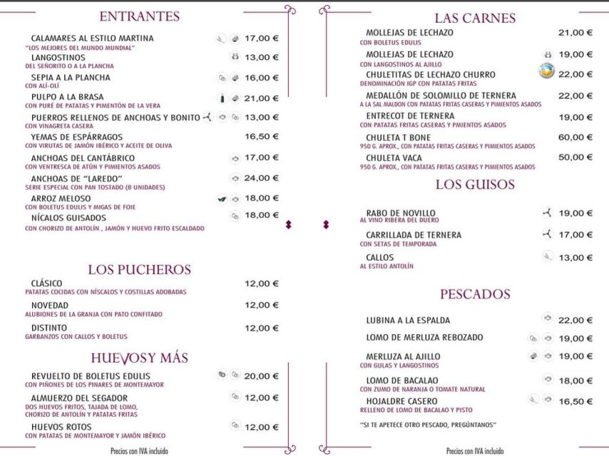 La carta del Restaurante La Martina con sus exquisitos calamares
