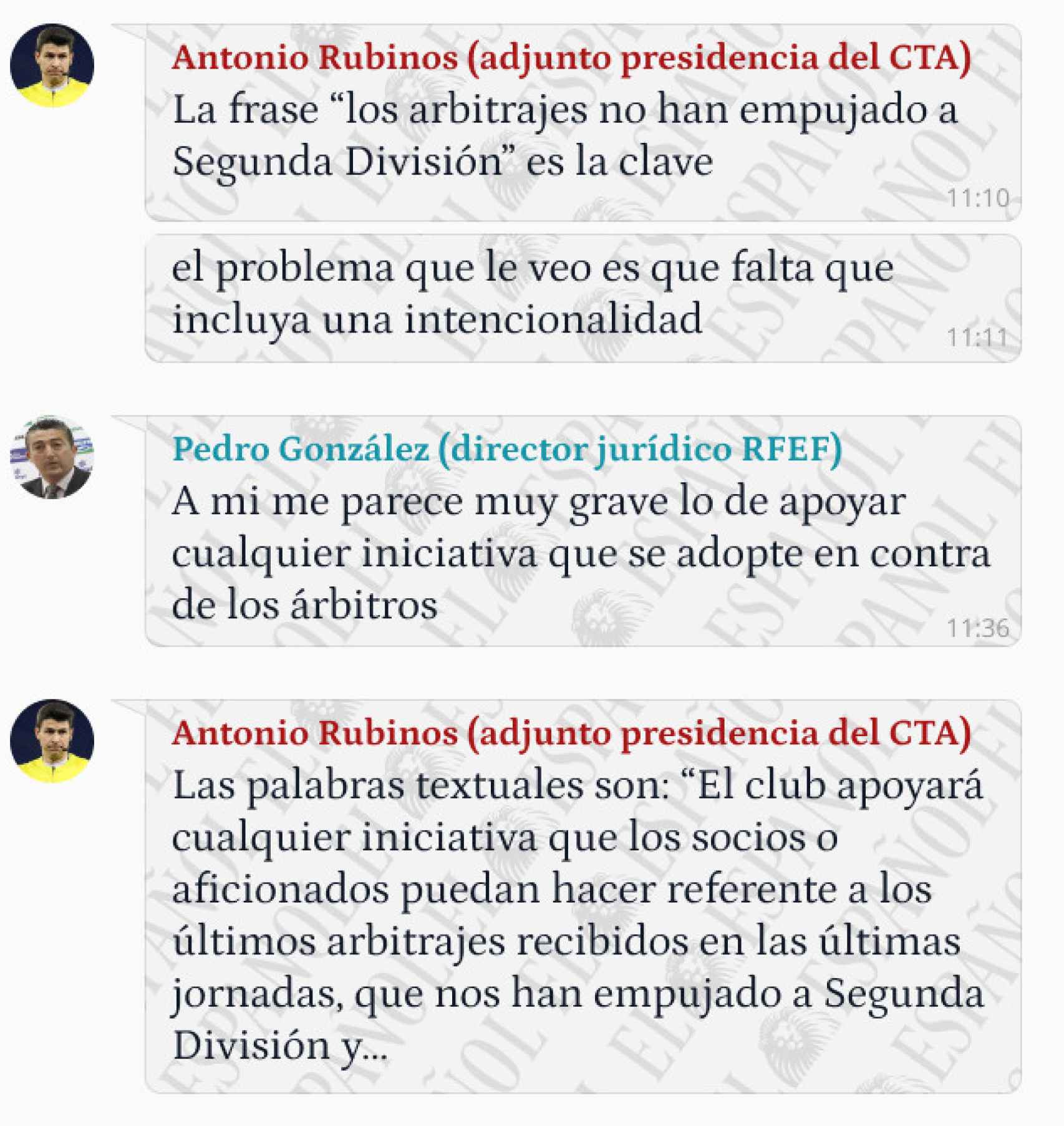 Conversación en el grupo de WhatsApp de directivos del CTA y de la RFEF: RCD Espanyol - Atlético de Madrid