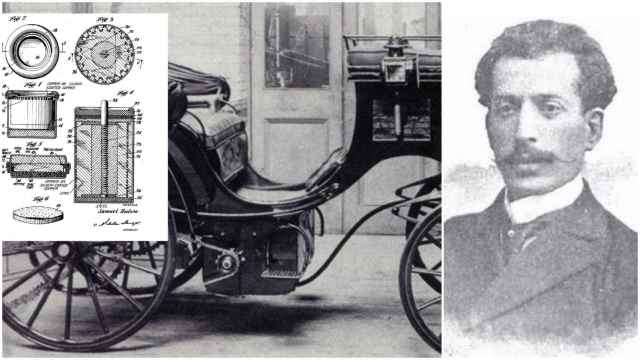 El coche eléctrico de Ramón Gabarró (d.) y la patente de la primer pila de botón.