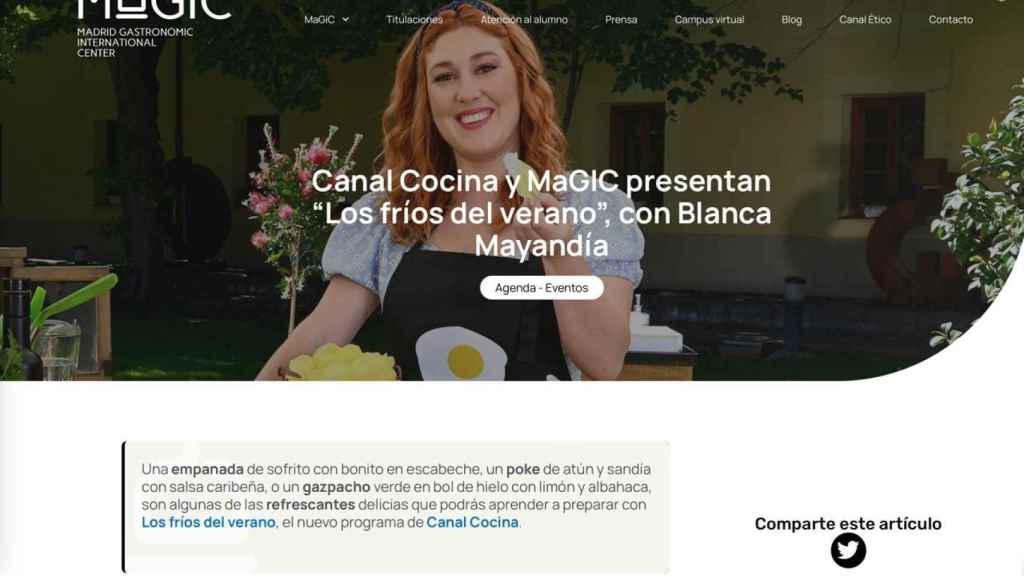 La página web del proyecto educativo culinario informando del nuevo libro de la influencer.
