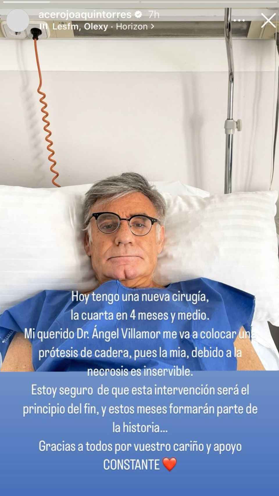 La imagen que ha compartido Joaquín Torres desde el hospital.