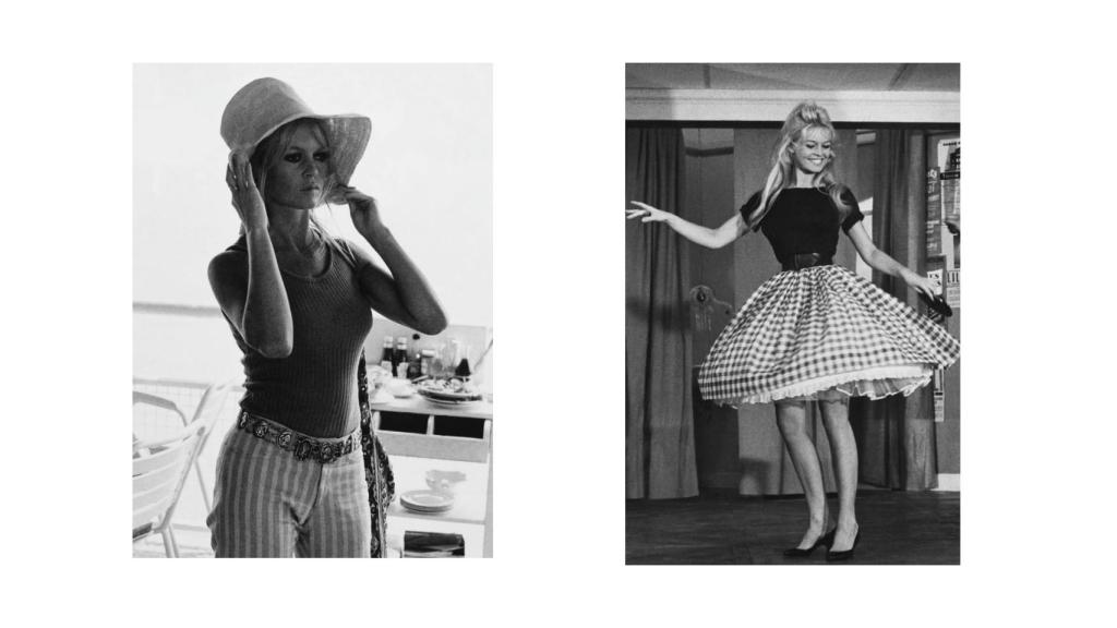Brigitte Bardot en dos estilismos con escote Bardot.