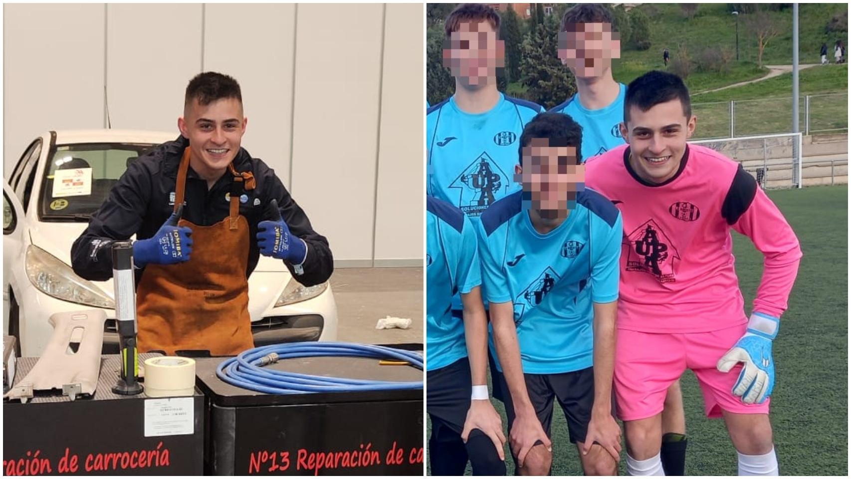 Samuel Feo en su participación en el concurso 'Spainskills' y en un partido de fútbol.