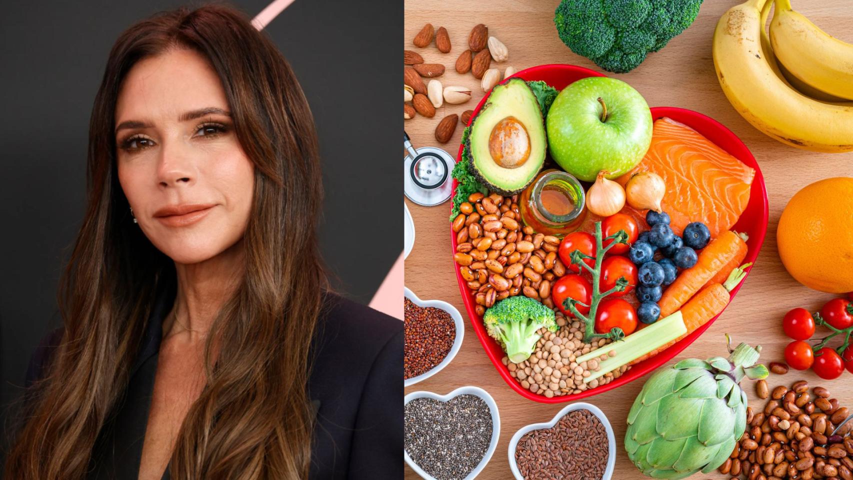 Victoria Beckham junto a una imagen de comida saludable.