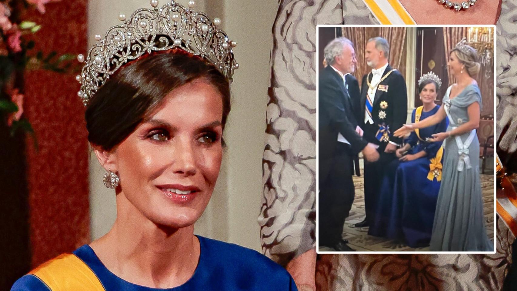 La reina Letizia en un fotomontaje de EL ESPAÑOL junto al momento en que preside el besamanos sentada.