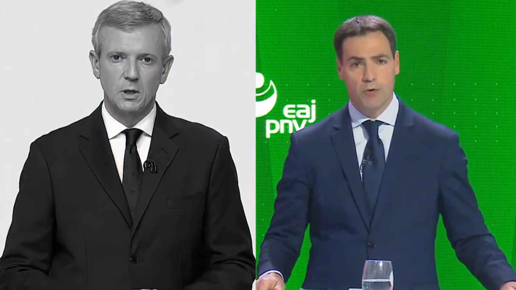 Alfonso Rueda (PP), durante el debate de las elecciones gallegas en febrero; e Imanol Pradales (PNV), este martes en el debate de las elecciones vascas.