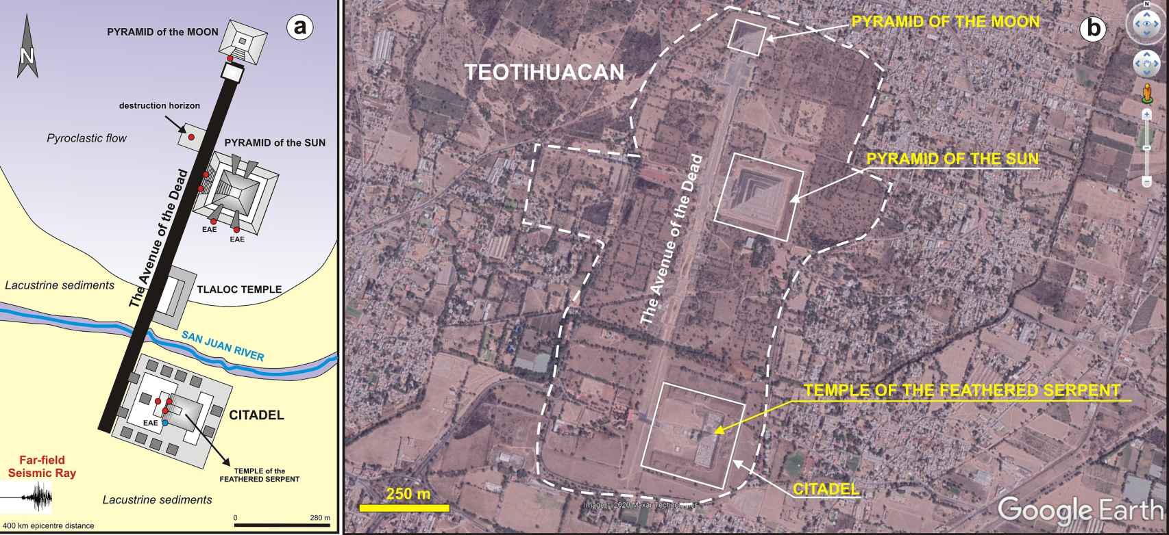 Plano y vista aérea de la ciudad de Teotihuacán.