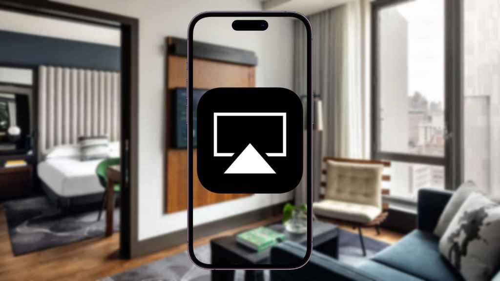 Fotomontaje con el logo de AirPlay, un iPhone y una habitación de hotel.