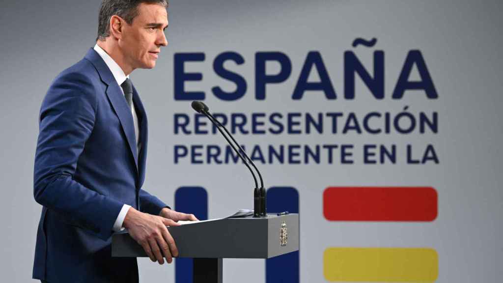 El presidente del Gobierno, Pedro Sánchez, durante su rueda de prensa de este jueves en Bruselas