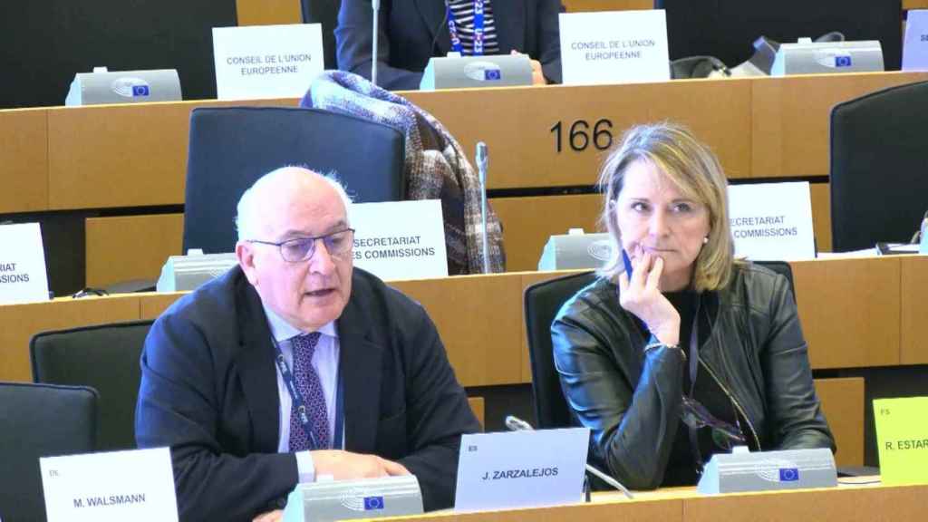 Javier Zarzalejos, junto a Rosa Estaràs, eurodiputados del PP, este jueves en la Comisión LIBE de la Eurocámara.
