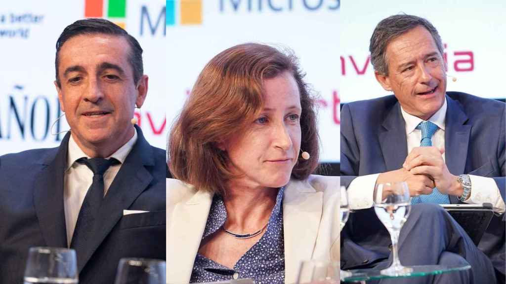 Juan Manuel Morales, director general del Grupo IFA; Elodie Perthuisot, CEO de Carrefour España y el presidente y consejero delegado de Fertiberia, Javier Goñi en Wake Up Spain!