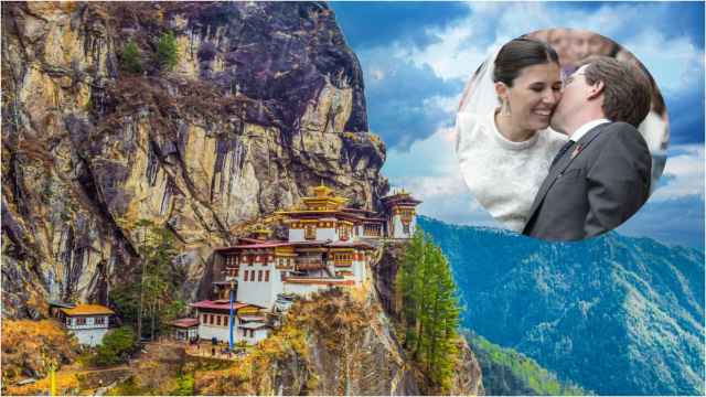 Montaje con una imagen de Bután y otra de la boda de Almeida y Teresa Urquijo.
