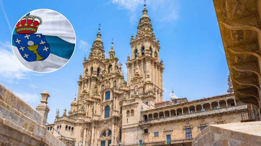 Imagen de la catedral de Santiago de Compostela (Galicia) y de la bandera gallega.