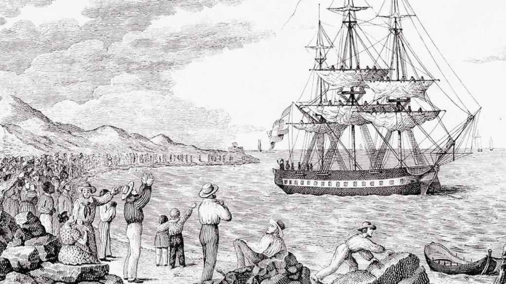 La corbeta 'María Pita', fletada para la expedición de Balmis, zarpa del puerto de A Coruña en 1803. Grabado de Francisco Pérez.