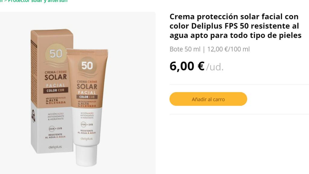 Crema de protección solar facial con color y FPS 50 Deliplus.
