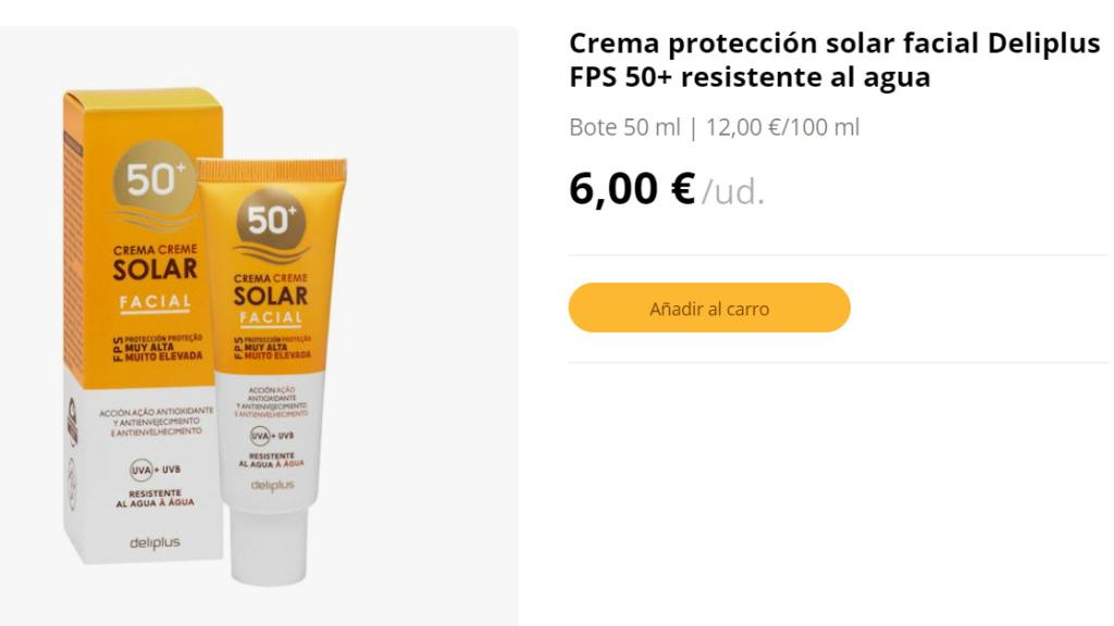 Crema solar facial Deliplus FPS 50+ resistente al agua.