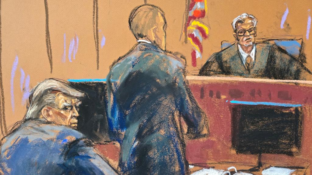 Ilustración que muestra al juez de la Corte Suprema de Nueva York, Juan Merchan, escuchar a un miembro del equipo legal de Donald Trump.