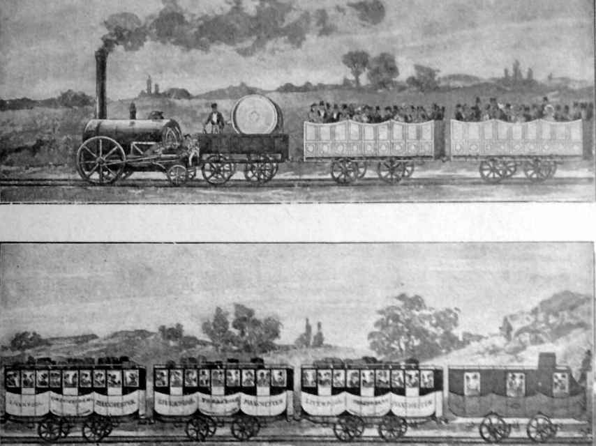 El primer tren de pasajeros a vapor, en 1830, en una ilustración.