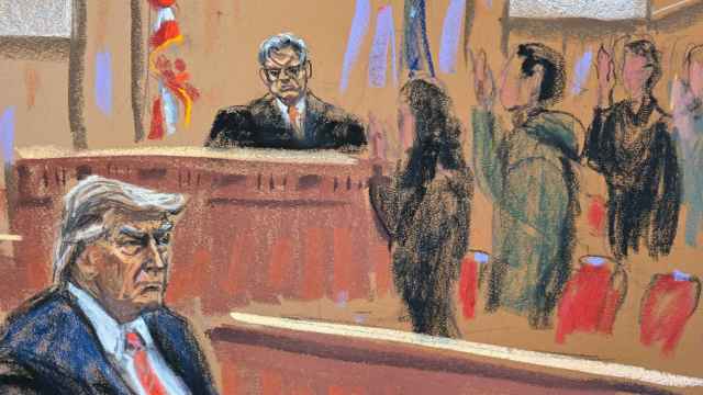 Ilustración en la que Trump está sentado en la Corte Suprema de Nueva York.
