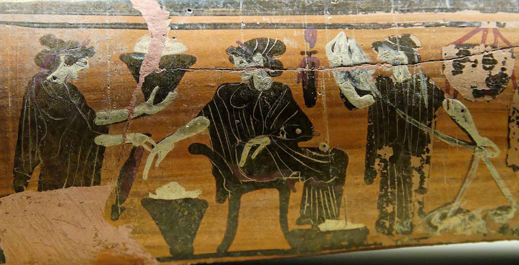 Escena de gineceo: mujeres tejiendo. Detalle de un epínetro ático de figuras negras.