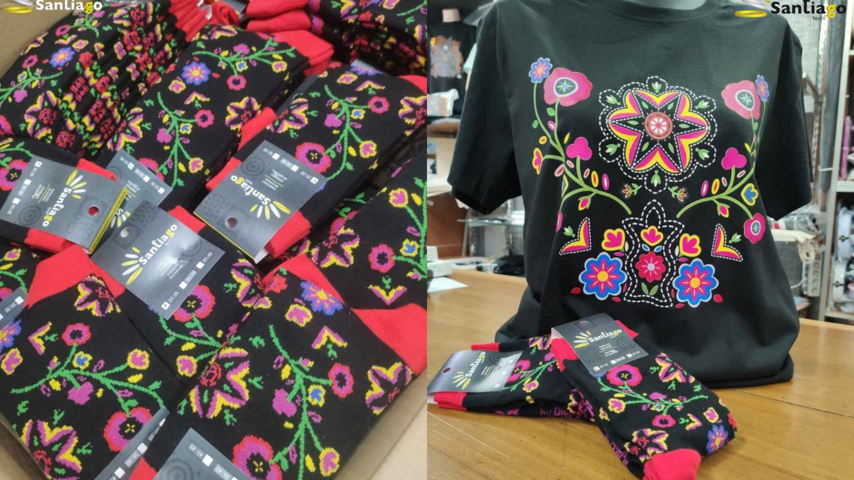 Calcetines y camisetas con motivos del bordado carbajalino