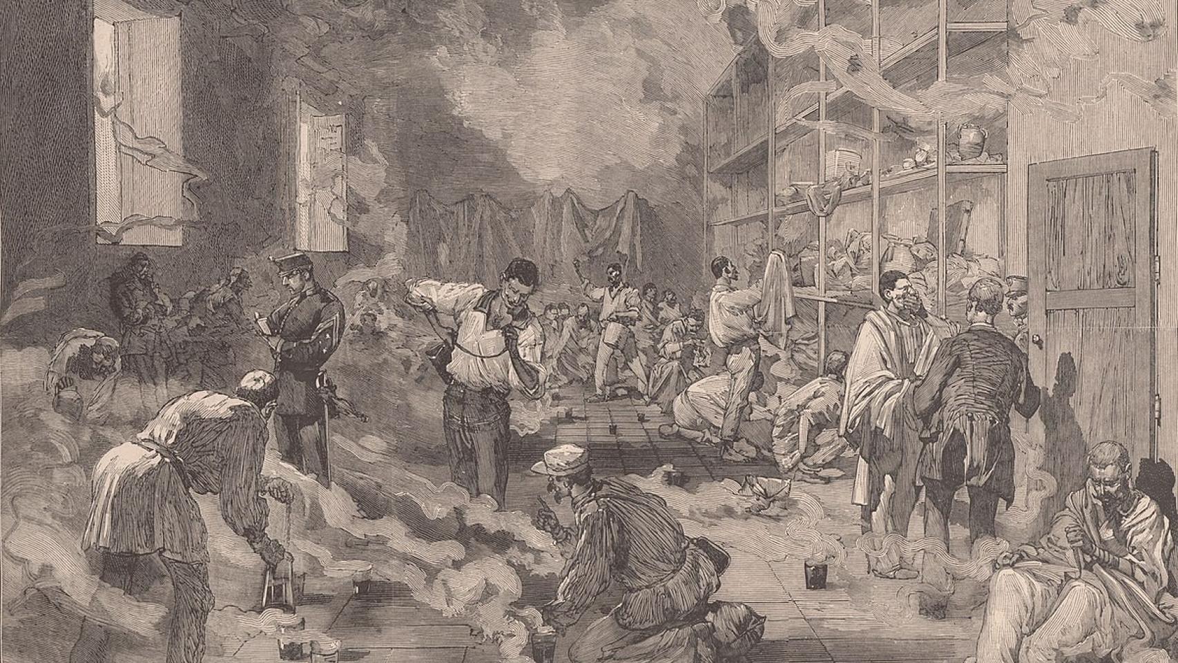 Ilustración de 'Le Monde Illustré'  de soldados españoles enfermos de fiebre amarilla. 1878