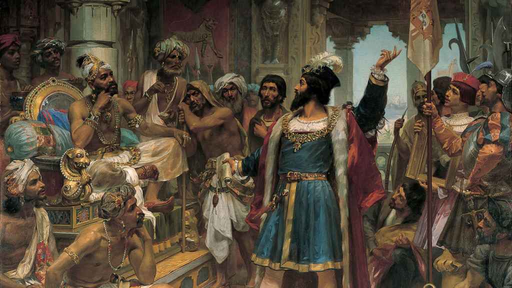 Vasco de Gama en Calicut según el pincel de Veloso Salgado. 1898.