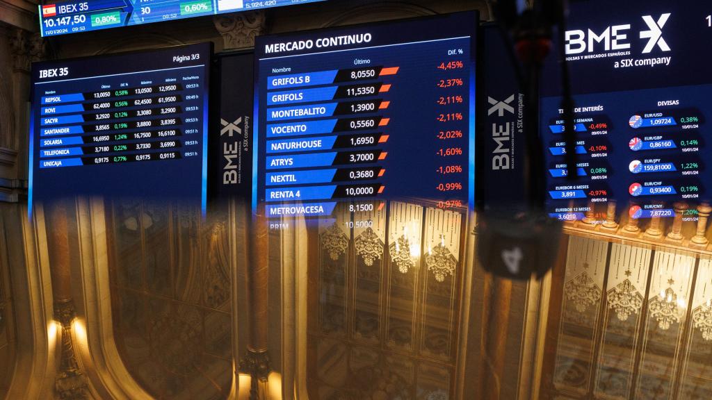 Paneles del Palacio de la Bolsa de Madrid muestran la cotización de varias compañías.