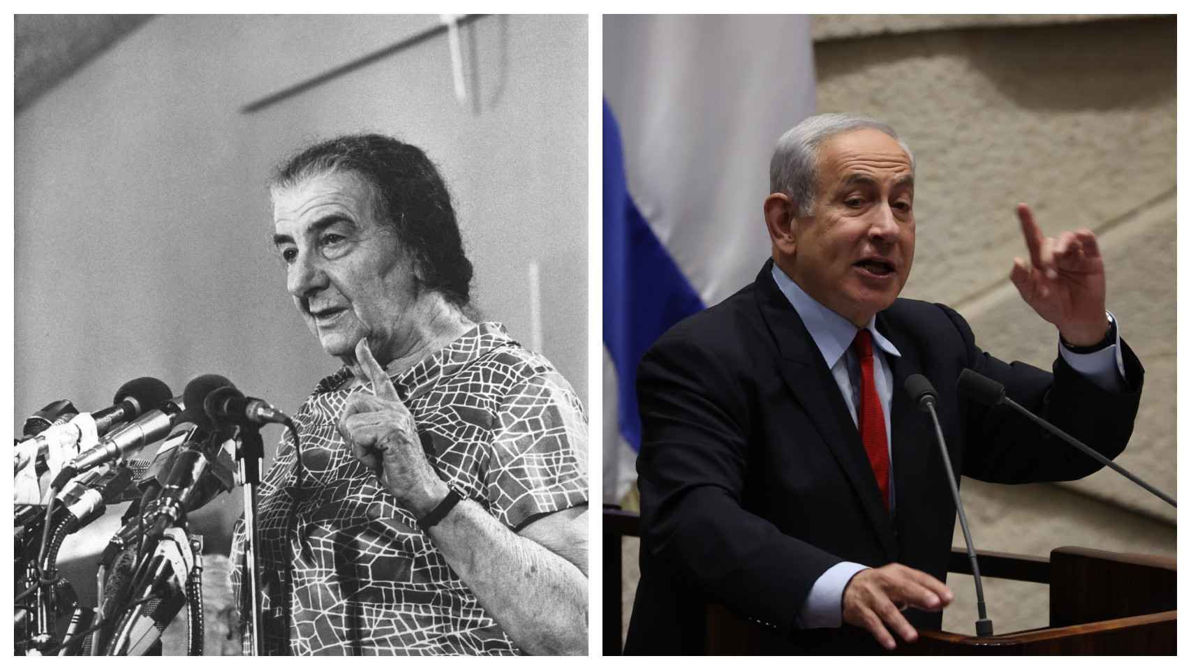 A la izquierda Golda Meir durante la guerra del Yom Kippur y a la derecha, Benjamin Netanyahu.