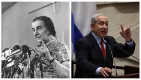 A la izquierda Golda Meir durante la guerra del Yom Kippur y a la derecha, Benjamin Netanyahu.