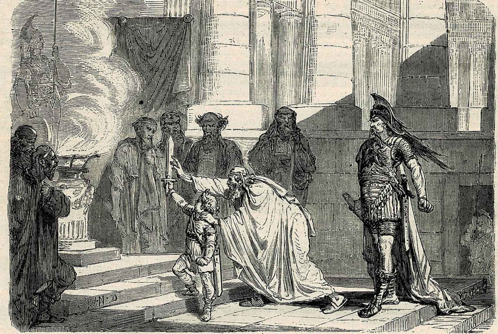 Grabado del siglo XIX que muestra a Amílcar obligando a su hijo Aníbal jurar odio eterno a Roma.