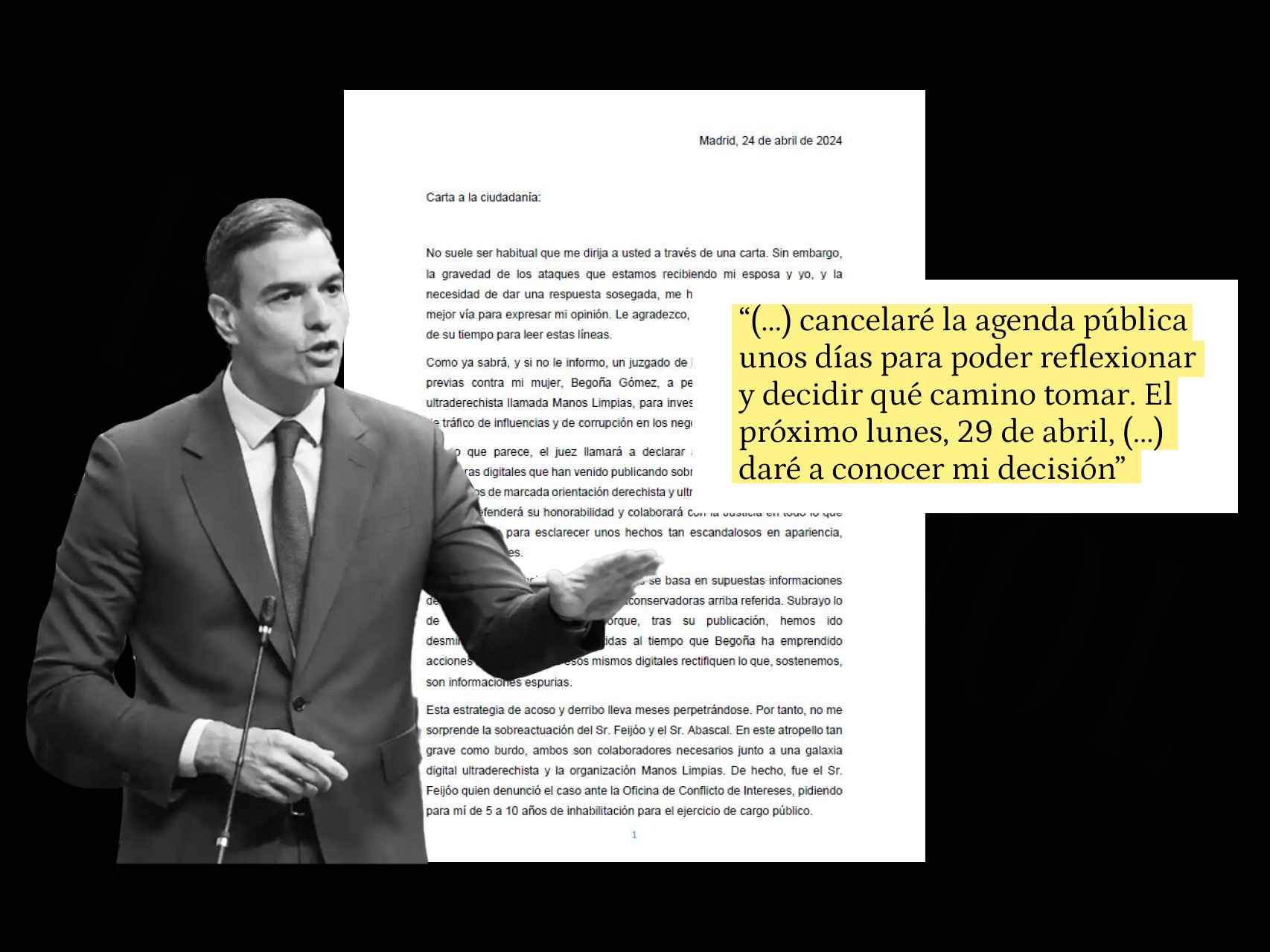 Imagen de Pedro Sánchez en la sesión de control y un extracto de su carta abierta.